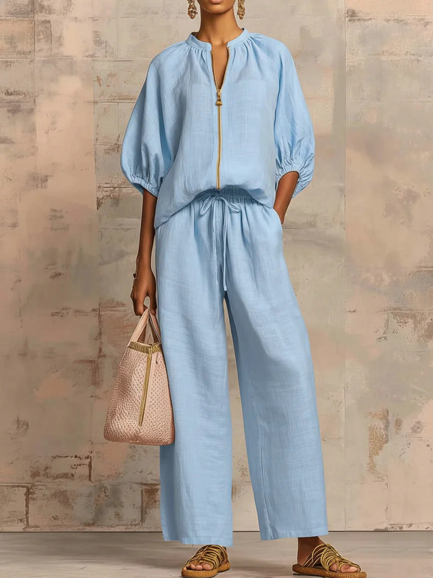 Women's Zip Front Bubble Sleeve Wide Leg Pants Set