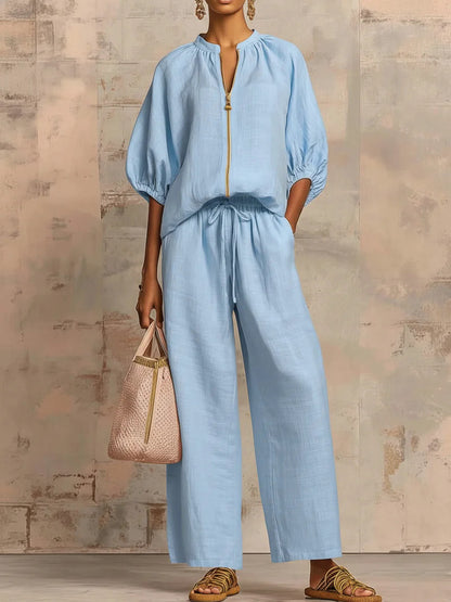 Women's Zip Front Bubble Sleeve Wide Leg Pants Set