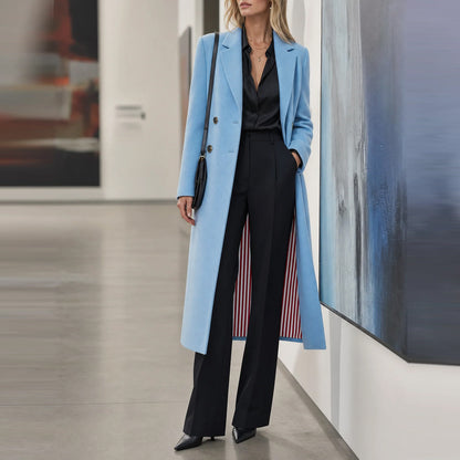 Women's Blue Double Breasted Long Coat Elegant