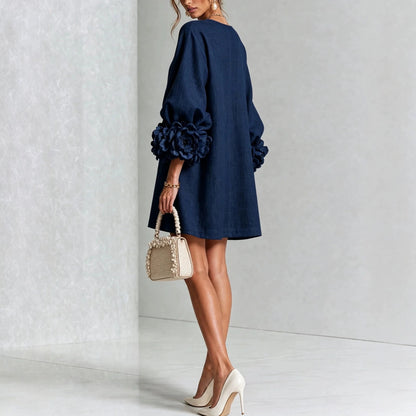 Elegant Floral Applique Balloon Sleeve A-Line Mini Dress