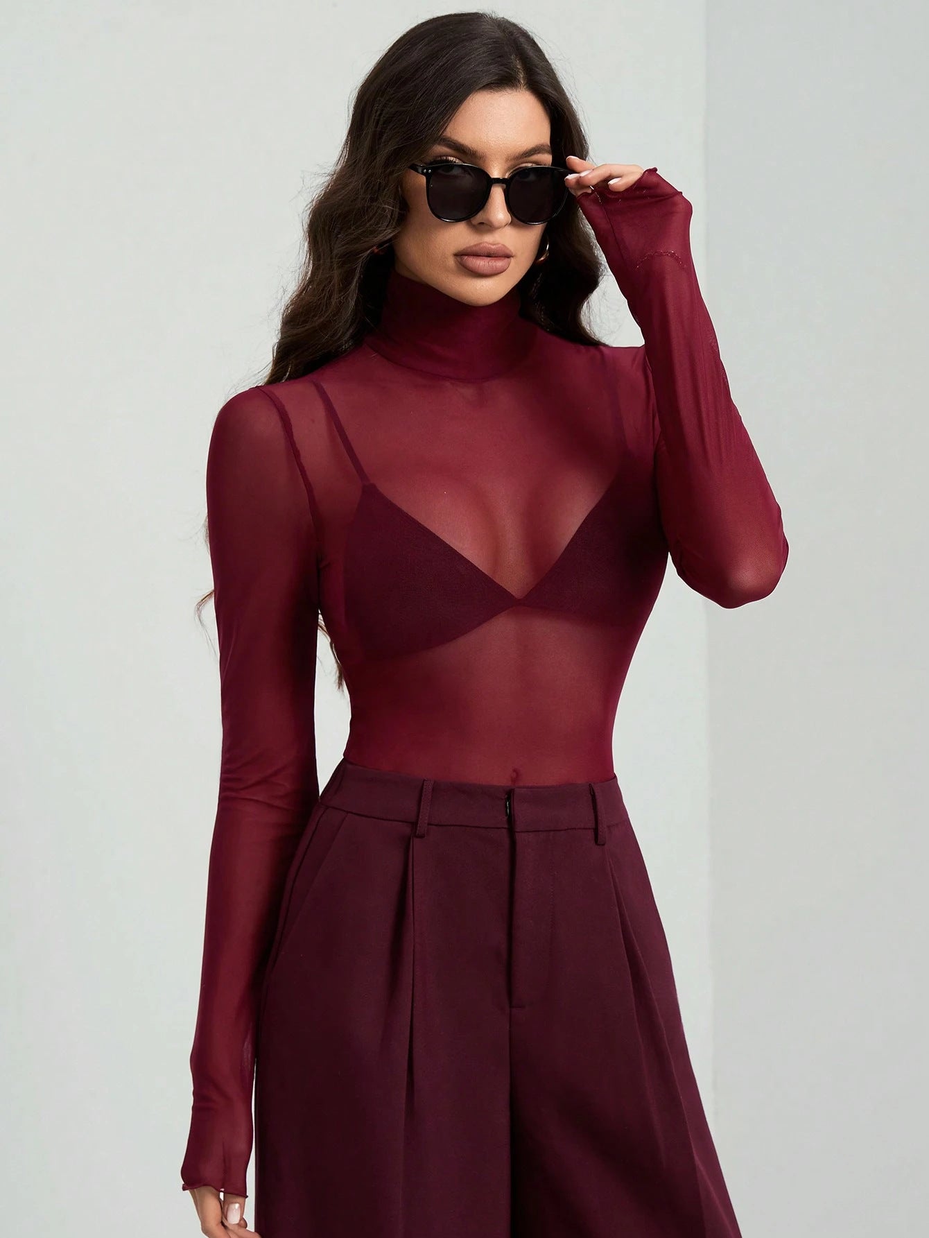 Solid Mesh Turtleneck Top Long Sleeve Fitted Blouse