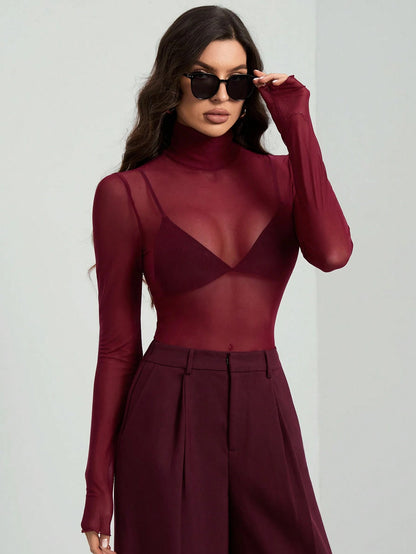 Solid Mesh Turtleneck Top Long Sleeve Fitted Blouse