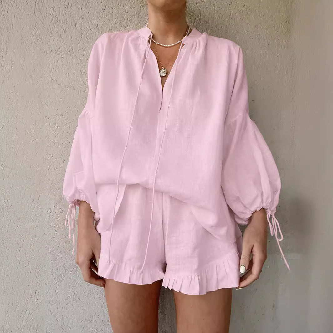 Cotton Linen Balloon Sleeve Tie Front Shorts Set