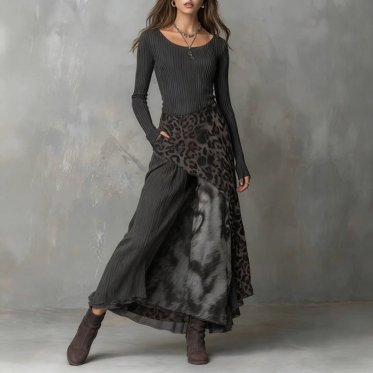 Leopard Long Sleeve Asymmetrical High Waist Maxi Dress
