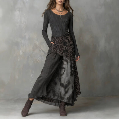 Leopard Long Sleeve Asymmetrical High Waist Maxi Dress
