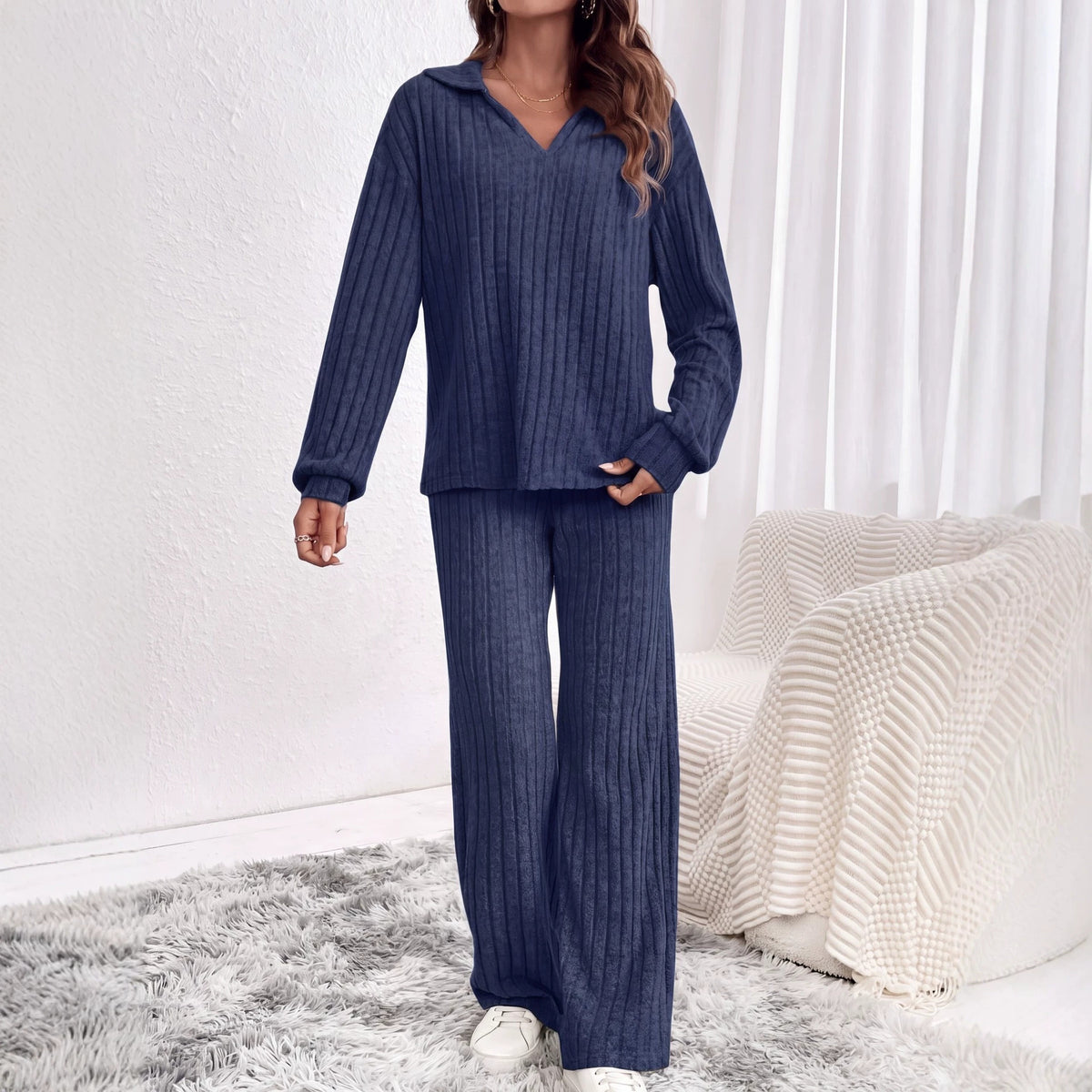 Womens Ribbed Lounge Set Long Sleeve Wide Leg Pants