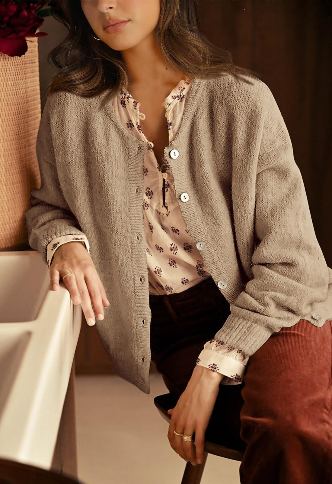 Womens Oversized Button Front Cardigan Knit Sweater