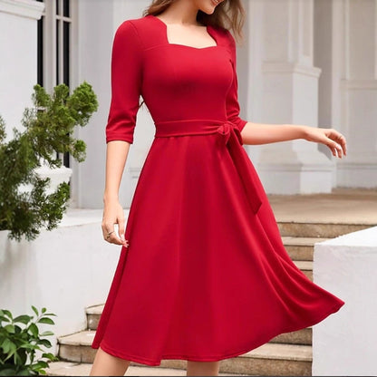 Square Neck Tie Waist A-Line Midi Dress 3/4 Sleeve Elegant