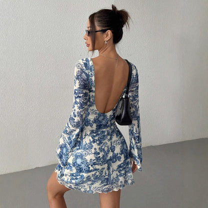 Blue Printed Mesh Dress Backless Bell Sleeve Summer Mini