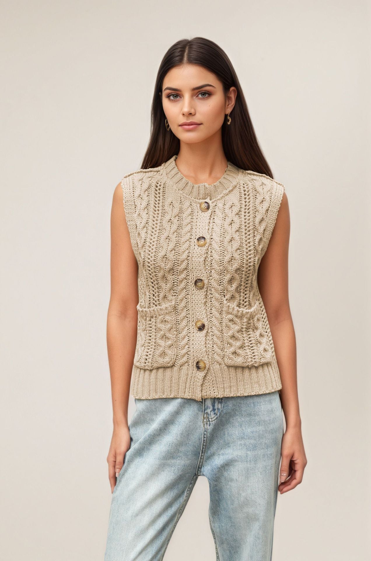 Cable Knit Sweater Vest Button Front Sleeveless Cardigan