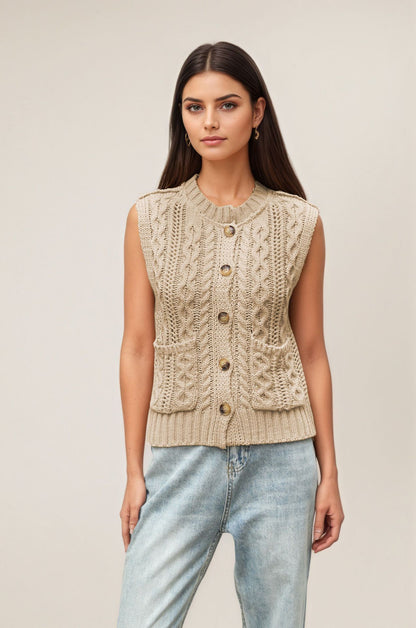 Cable Knit Sweater Vest Button Front Sleeveless Cardigan