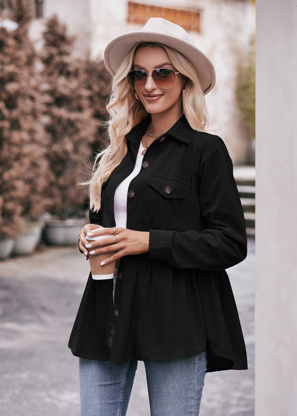 Casual Corduroy Babydoll Shirt Vintage-Inspired Top