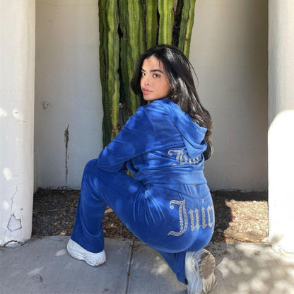 Women's Rhinestone Velour Tracksuit Hoodie & Pants Set