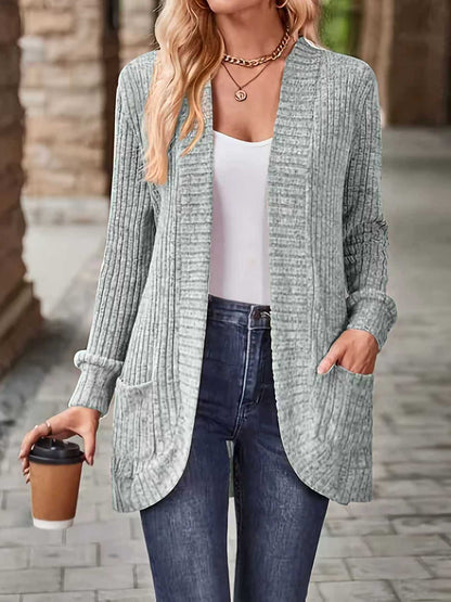 Women's Open Front Ribbed Knit Long Cardigan with Pockets