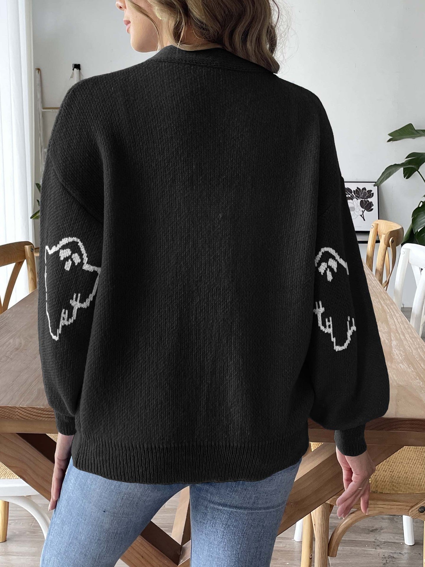 Halloween Ghost Print V-Neck Cardigan | Cozy Knit Sweater