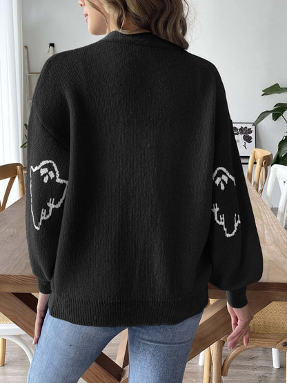 Halloween Ghost Print V-Neck Cardigan | Cozy Knit Sweater