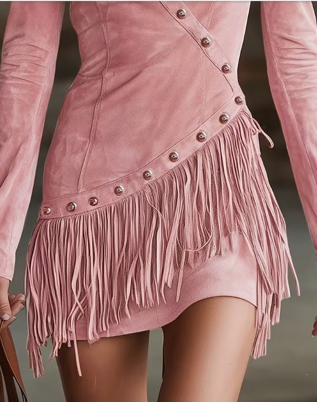 Western Fringe Faux Suede Mini Dress Long Sleeve Cowgirl