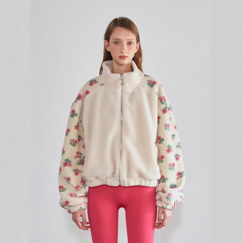 Women's Oversized Floral Sherpa Zip Up Fleece Jacket