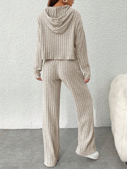 Women's Ribbed Knit Hoodie Wide Leg Pants Lounge Set