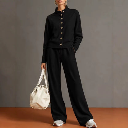 Women's Button Front Sweatshirt Wide Leg Pants Lounge Set
