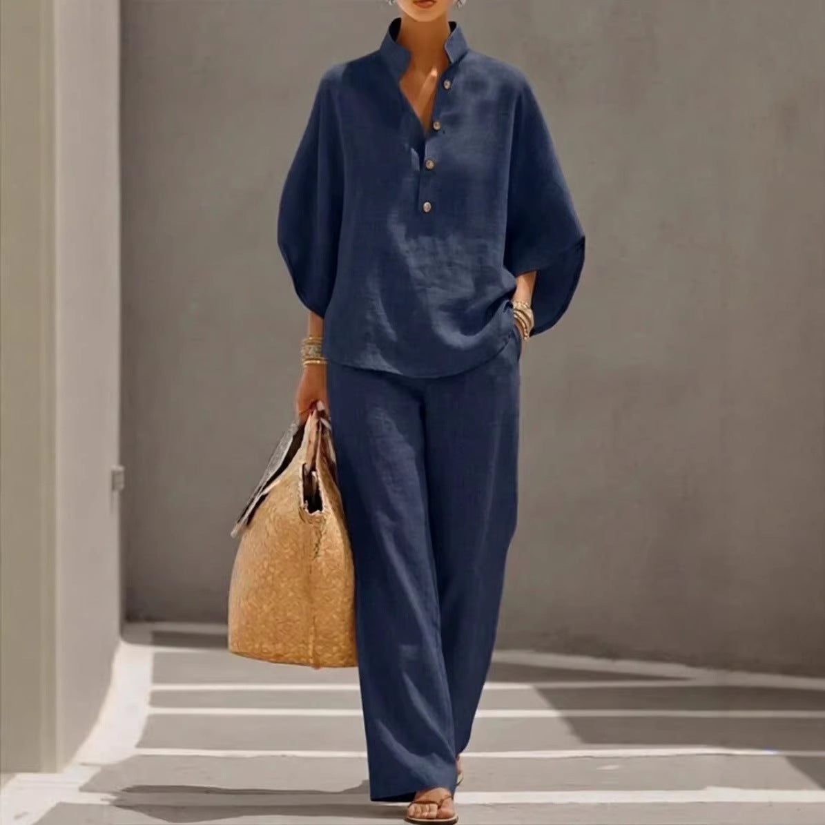 Womens Linen Blend Shirt & Wide Leg Pants Matching Set