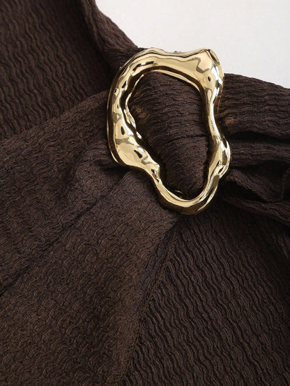 Ruched Knit Bodycon Dress Metal Ring Long Sleeve Mini