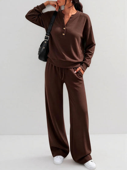 Women's Matching Lounge Set Henley Top Wide Leg Pants