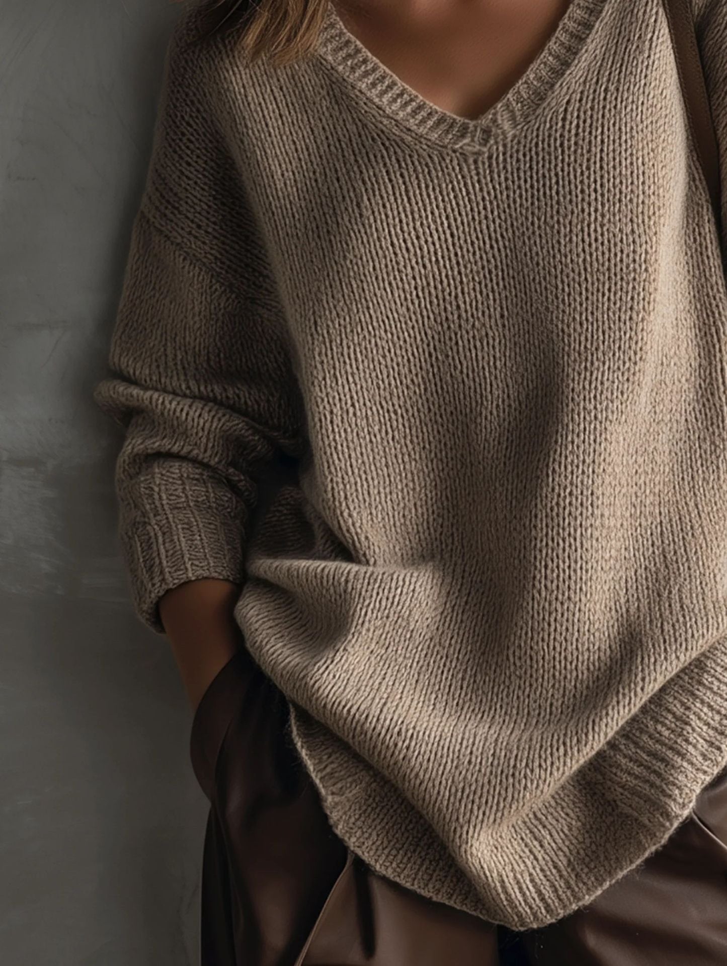 Women's V-Neck Knit Pullover Sweater Long Sleeve Casual