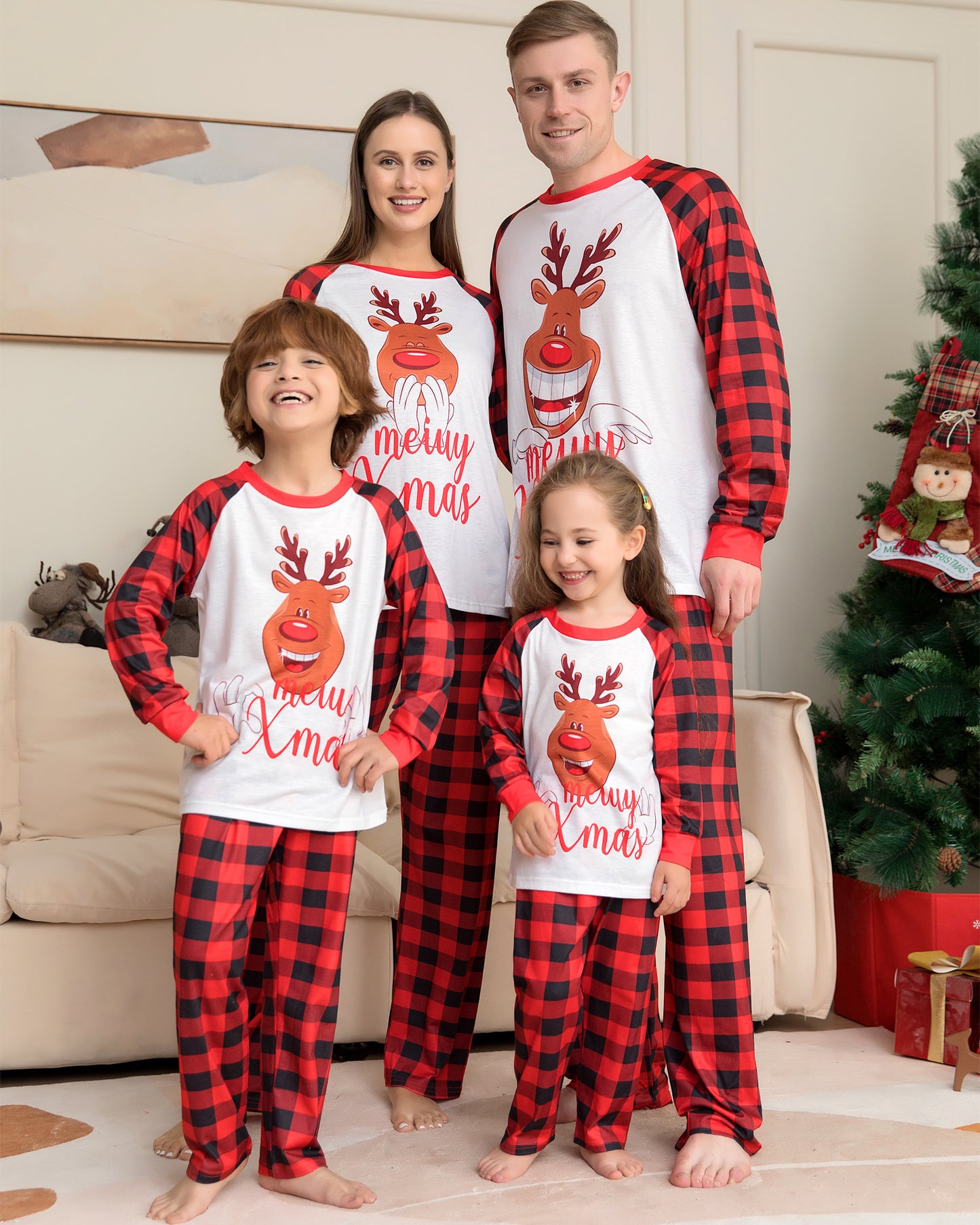 Christmas Parent-child Set Deer Head Printed Plaid Two-piece Set Christmas Pajamas