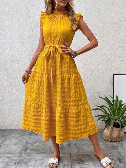 Lace-Up Textured Dress with Ruffled Sleeves