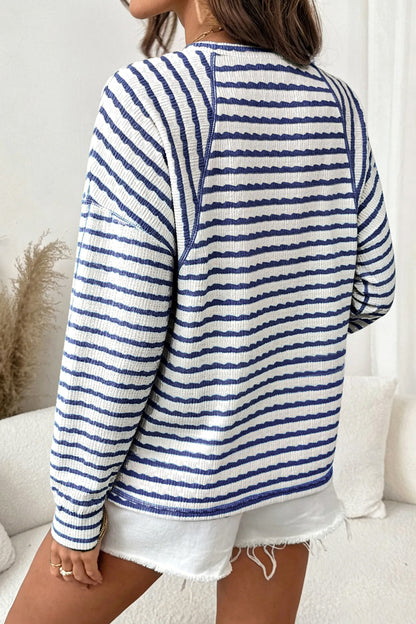 Textured Striped Long Sleeve Pullover Casual Knit Top