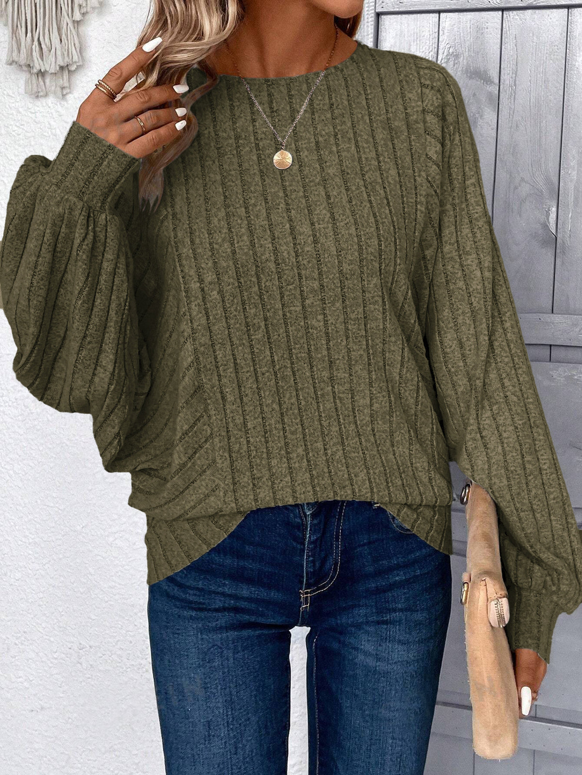 Plus Size Balloon Sleeve Ribbed Casual Fall Top