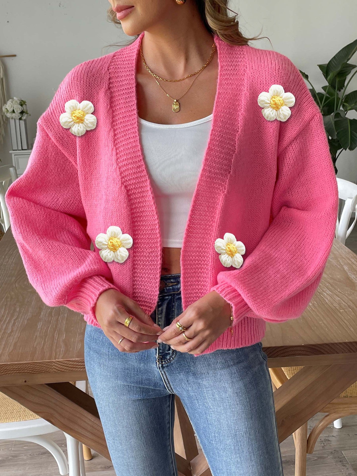 Floral Crochet Knit Cardigan Sweater with Balloon Sleeves