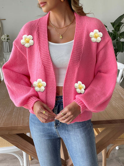Floral Crochet Knit Cardigan Sweater with Balloon Sleeves