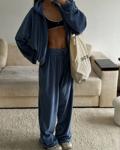 Women's Velvet Zip Up Jacket Wide Leg Pants Matching Set