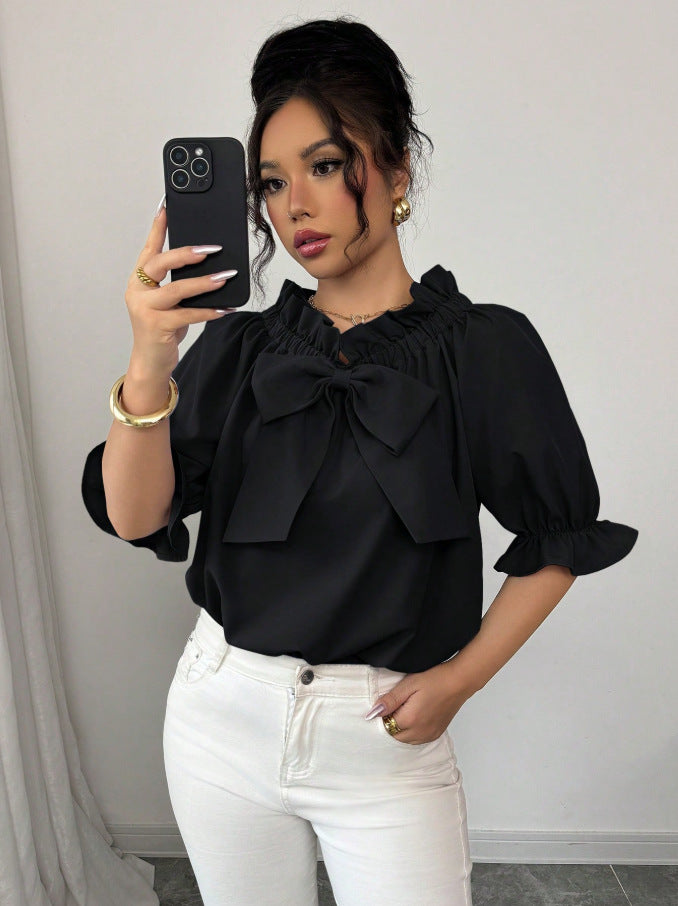 Bow Tie Ruffle Neck Blouse Puff Sleeve Dressy Casual Top