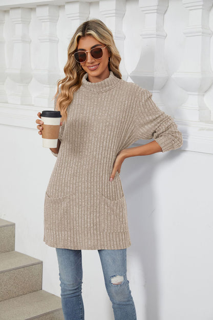 Women's Oversized Ribbed Mock Neck Tunic with Pockets