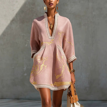 Women's V-Neck Lace Gold Metallic Mini Dress 3/4 Sleeve