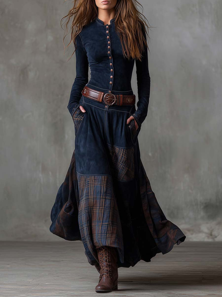 Suede Plaid Patchwork Maxi Dress Belted Pockets