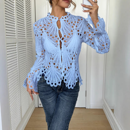 Women's Crochet Lace Button Front Blouse with Bell Sleeves