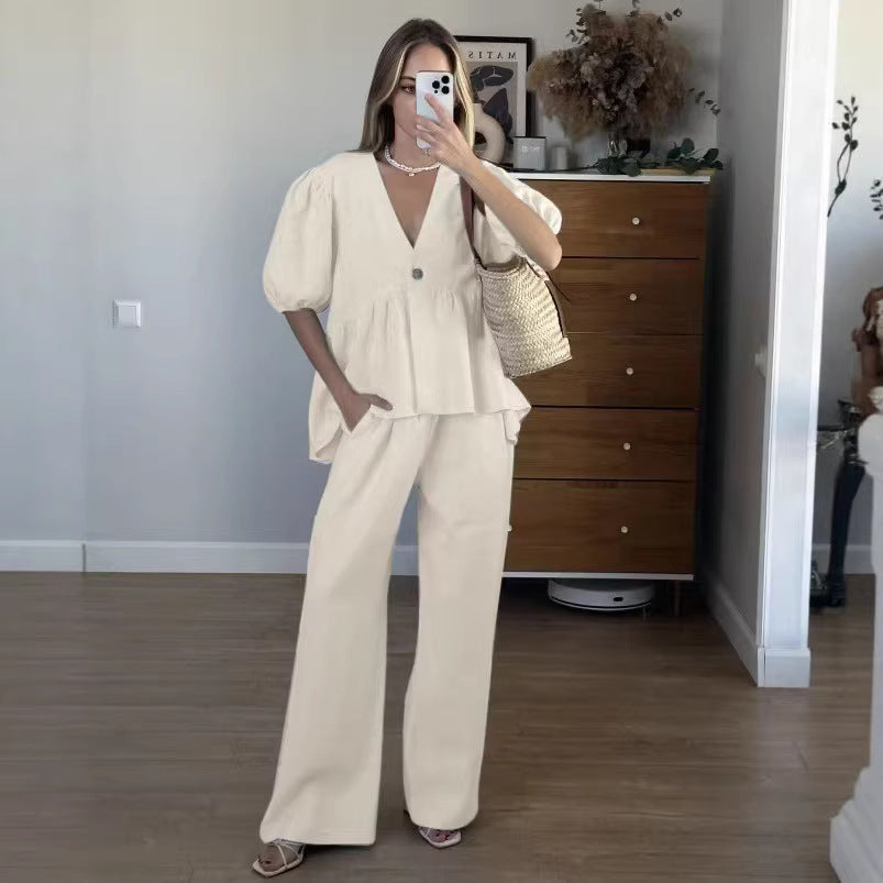 Linen Blend Puff Sleeve V-Neck Top & Wide Leg Pants Set