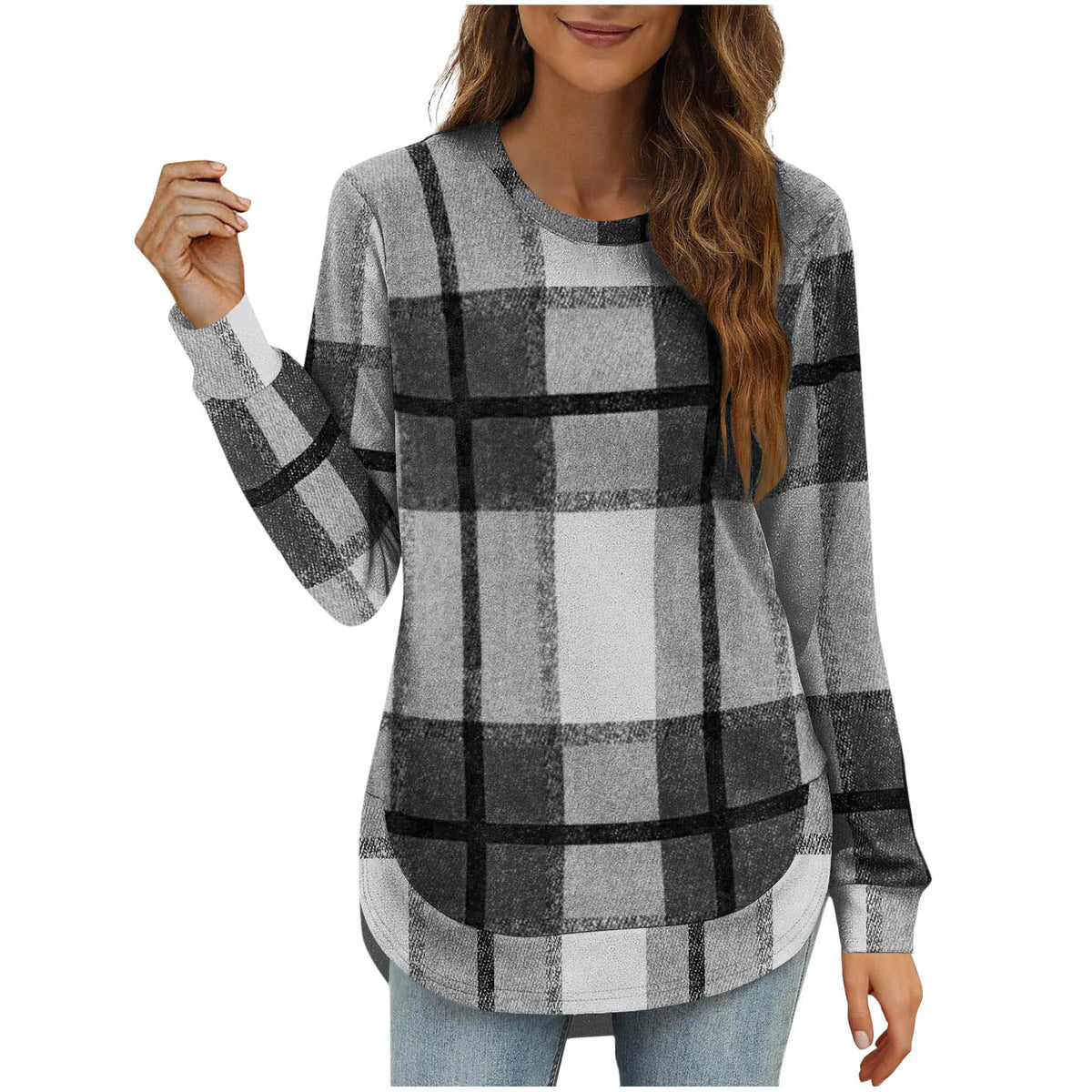 Women's Plaid Oversized Long Sleeve Crew Neck Tunic Top