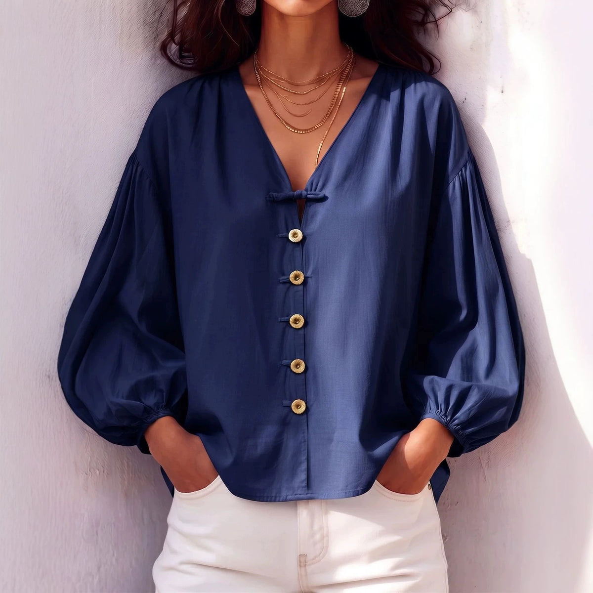 Women's V Neck Balloon Sleeve Button Front Blouse