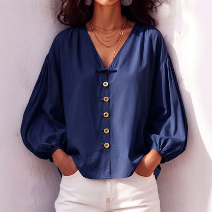 Women's V Neck Balloon Sleeve Button Front Blouse