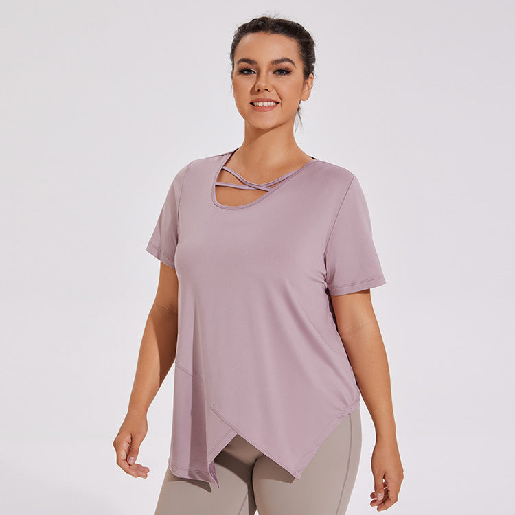 Plus Size Irregular Cross-neck Yoga Quick-drying Short-sleeved T-shirt Elastic Fitness Clothes