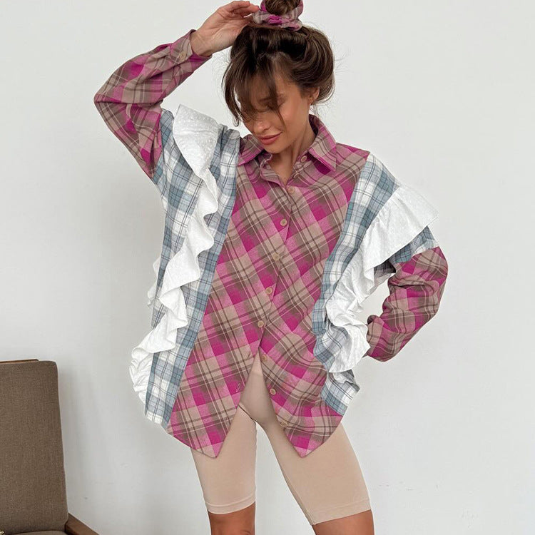 Oversized Plaid Ruffle Patchwork Button Down Shirt