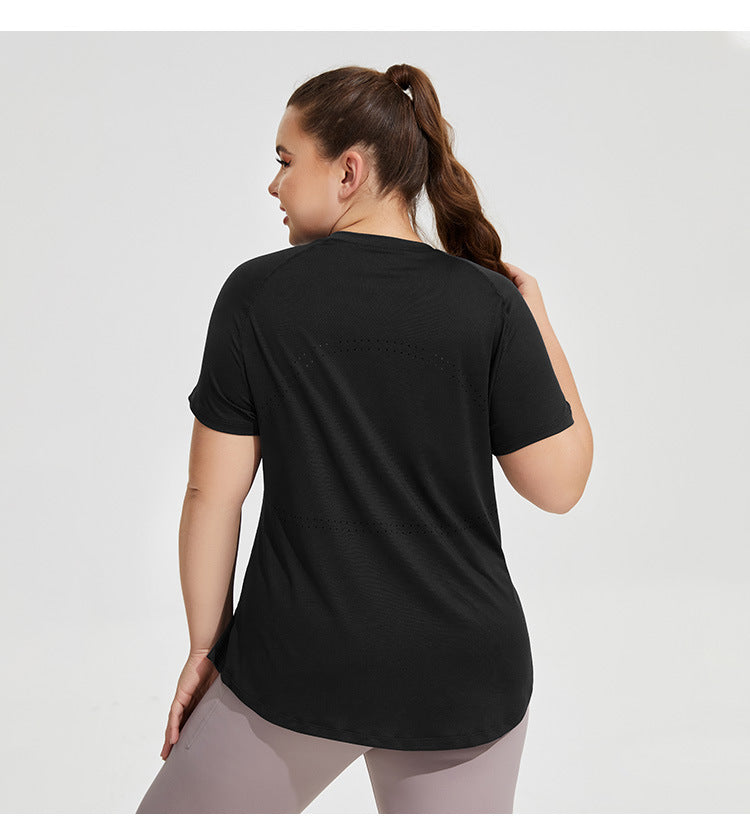 Puls Size Long Slim Yoga Clothes Mesh Beautiful Back Breathable Short Sleeve Fitness Top Sportswear