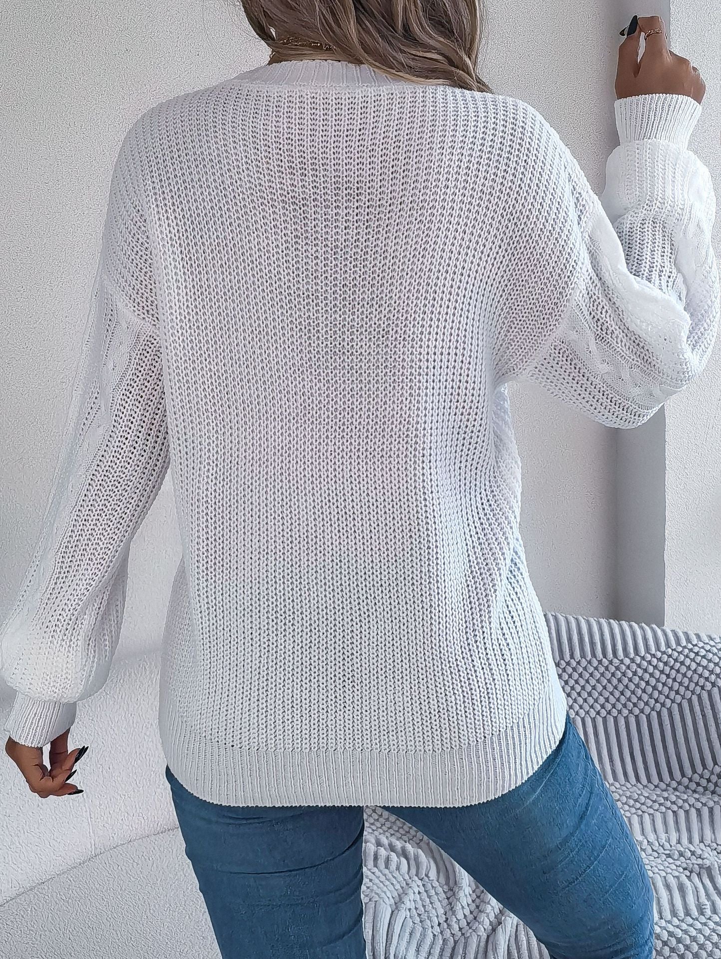 Fall Winter Cable Knit V Neck Lantern Sleeve Cardigan