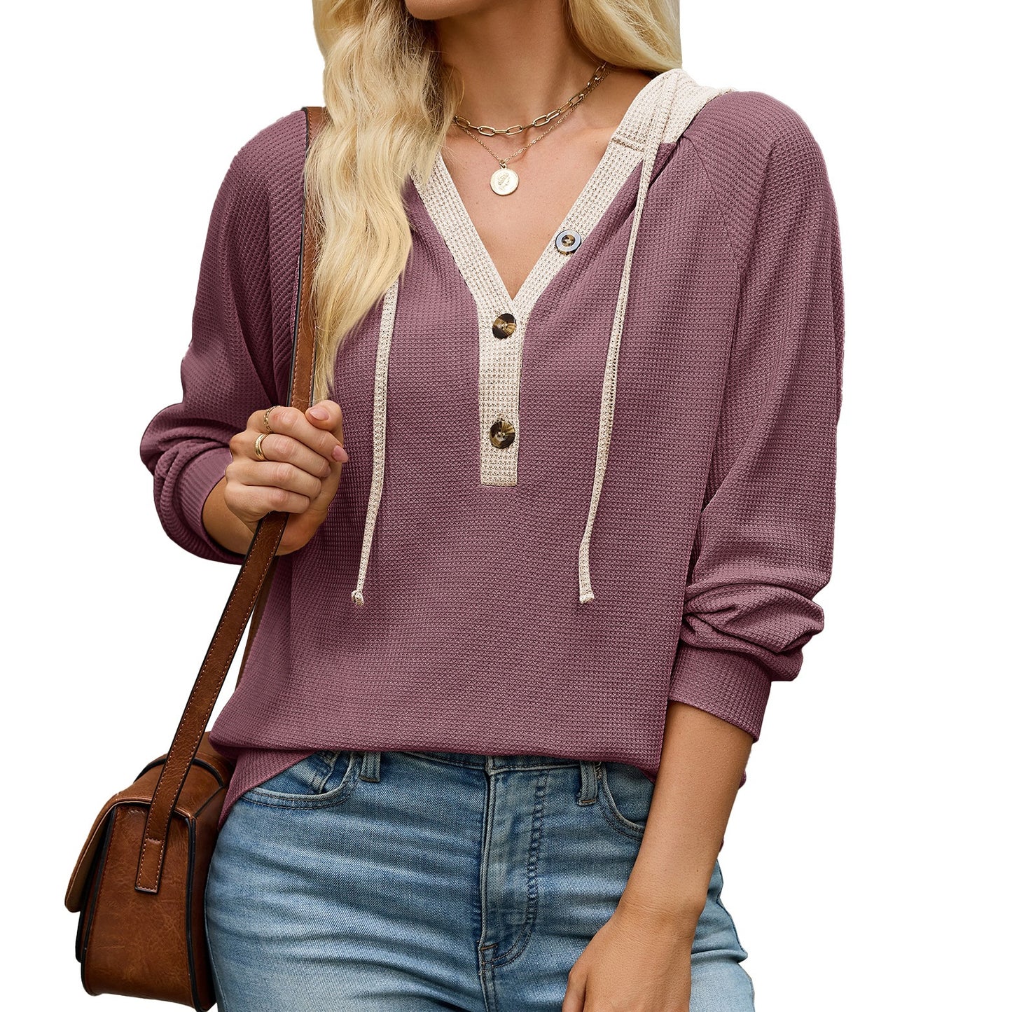 Color Block Waffle Knit Hoodie Henley Long Sleeve Top