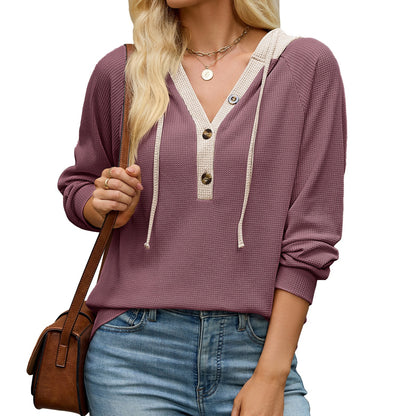 Color Block Waffle Knit Hoodie Henley Long Sleeve Top
